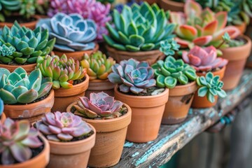 Succulent plants in terracotta pots on wooden surface