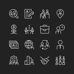 Recruitment icon set, white lines on black background. Professional hiring, finding top employees, candidate selection for successful teams and businesses. Customizable line thickness