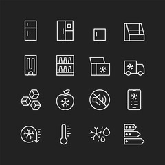 Refrigerator icons, white lines on black background. Food storage at low temps. Designs, energy efficiency, modes, functions, settings. Customizable line thickness