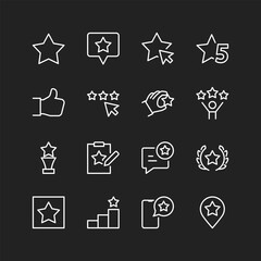 Rating icon set, white lines on black background. Scores, reviews, stars. Quality assessments, user experience, reputations. Rating systems. Customizable line thickness