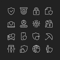 Security and protection icons, white on black background. Data security compliance, theft and damage prevention. Shields, cameras, locks, controls. Customizable line thickness