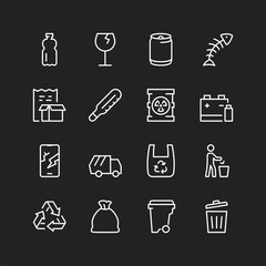 Garbage icon set, white lines on black background. Different waste types - plastic, glass, metal, organic, paper, medical, hazardous, radioactive, batteries. Sorting. Customizable line thickness
