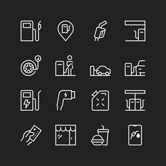 Car gas station icons, white on black background. Refueling, car services, equipment. Inflating tires, grabbing snacks. Customizable line thickness