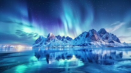 Naklejka premium Majestic aurora borealis over lofoten islands in norway: spectacular night sky illuminated with polar lights reflecting on tranquil winter waters