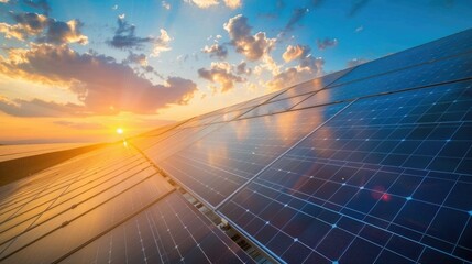 Naklejka premium Solar panel field at sunset