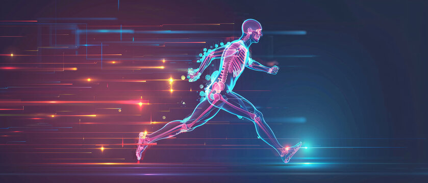 Glowing blue and pink neon running man on dark background