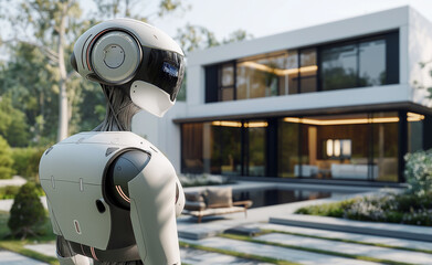 A humanoid robot stands in front of a modern house with large windows and a garden.