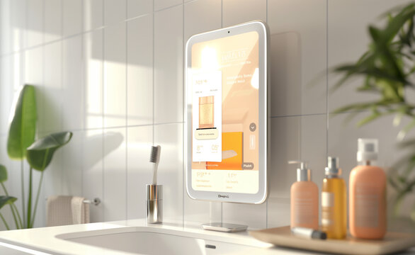 A smart mirror displaying skincare tips and the weather forecast, set against a clean, modern bathroom background, highlighting its innovative and practical design.
