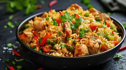 Fototapeta premium Chicken and bell pepper rice served on a black dish