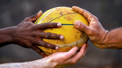 Hands from different ethnicities holding a rugby ball, capturing the spirit of inclusion and teamwork