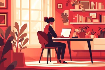 worker sitting in office computer, flat vector illustration, worker scene for online platform products and services.