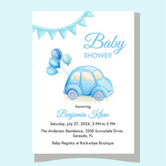 Watercolor baby boy shower invitation with a blue cute car