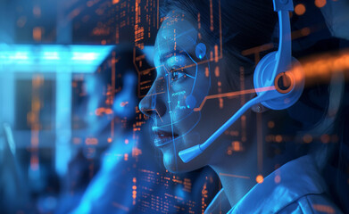 Customer service representative using voice biometrics to authenticate a caller, set against a clean, professional call center background, highlighting the security and convenience of voice biometrics