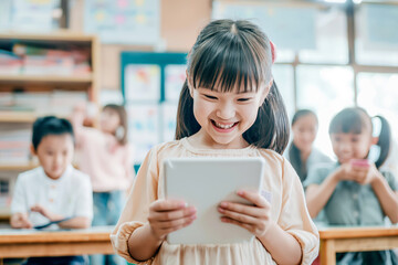 Happy children using tablets in a colorful classroom, engaged in educational activities.