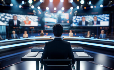 Viewed from behind, a person in a professional suit is seated at the anchor desk in a modern television studio, surrounded by bright screens and dynamic lighting.