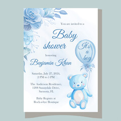 Watercolor baby boy shower invitation with cute blue bear and beautiful flowers