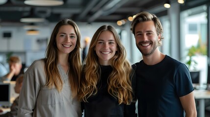 portrait of three young professionals smiling in an office