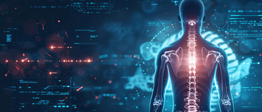Glowing blue spine and nervous system on a dark blue background