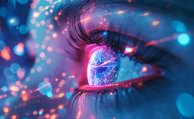 Mesmerizing view of a human eye, intricately overlaid with glowing neon circuit patterns, reflecting a vibrant digital world, symbolizing the deep integration of technology with human perception.