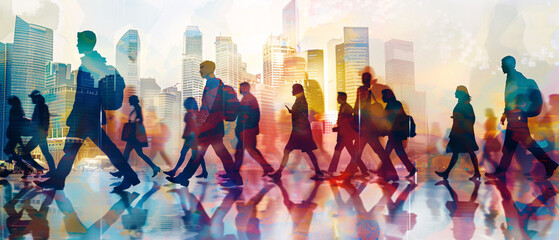 Naklejka premium People walking on a busy city street with colorful reflections