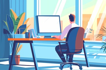 worker sitting in office computer, flat vector illustration, worker scene for online platform products and services.