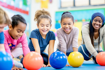 Multicultural group of kids enjoying a game in gym class.