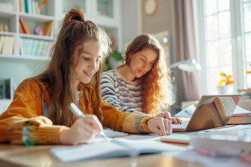 Two girls studying together in a bright home setting.