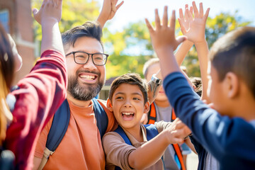 Teacher and children having fun in an outdoor activity.