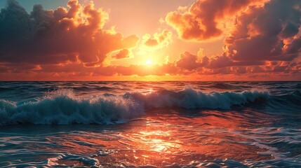 A dramatic sunset with a golden sky and clouds, casting a warm glow on the wavy sea