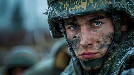 Obraz premium Portrait of a soldier with blue eyes and a camouflage helmet. The soldiers face is dirty and he is wearing a military uniform.