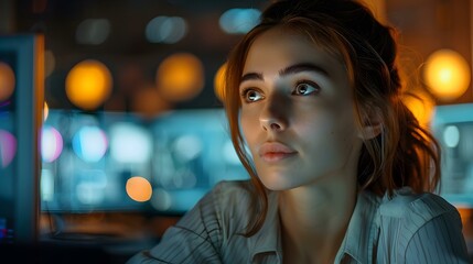 Obraz premium Woman Looking at Computer Screen in Office