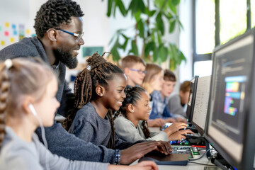 Teacher guiding diverse students in computer lab.