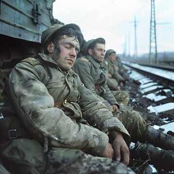 Exhausted Red Army soldiers take a break during the Battle of Stalingrad, 1942.
