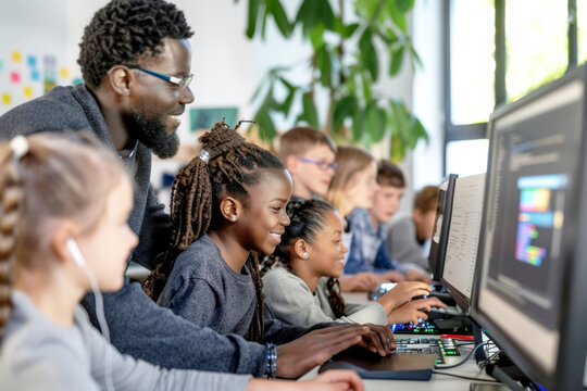 Teacher guiding diverse students in computer lab.