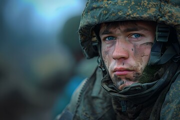 Obraz premium Portrait of a young soldier with blue eyes and a camouflage helmet