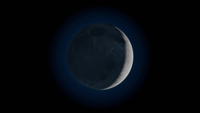 Earth night lunar phases animated, from full moon to crescent and half to new moon. Craters visible. Looping astronomical space 3d render animation. Not accurate, but artistic video