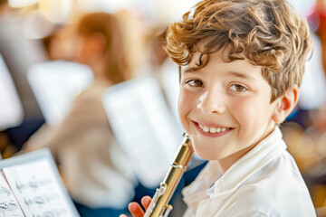 Young boy playing the trumpet in a music class, surrounded by classmates with instruments.