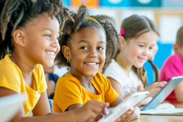 Group of young children happily using tablets in a colorful classroom setting.