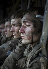 Fototapeta premium Portrait of four young soldiers in a helicopter with their faces painted with camouflage