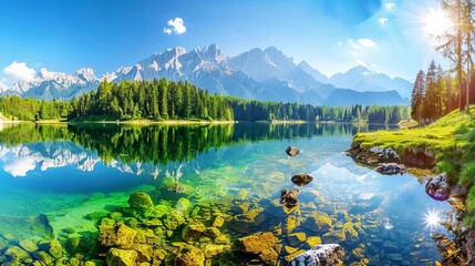 Vibrant summer morning at fusine lake: majestic julian alps and mangart peak in the province of udine, italy