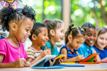 Group of young children happily using tablets in a colorful classroom setting.