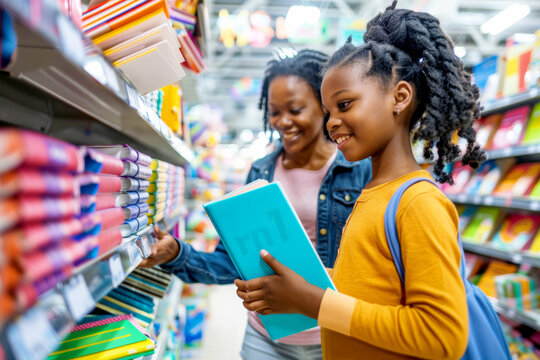 Smiling mother and daughter selecting school supplies in a store, surrounded by colorful stationery. - Powered by Adobe