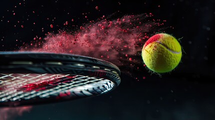 Dynamic freeze motion of a tennis ball in mid-air, racket impact releasing red powder