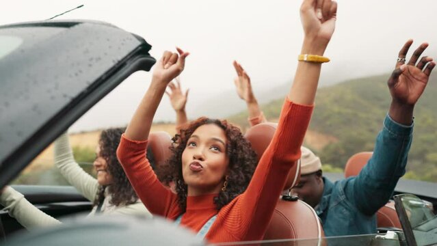 Group of friends, car and road trip with dancing on travel, adventure or exploring on summer holiday or vacation. People, diversity and together on journey, destination or tourism as gen z in Italy