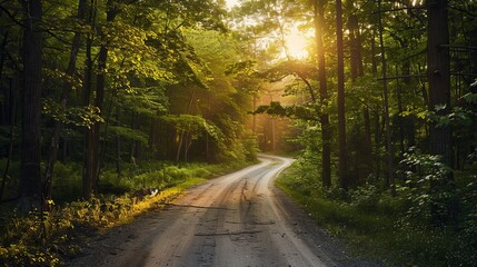 Obraz premium Scenic country road surrounded by lush green woods at sunset in tranquil rural setting
