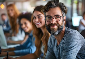 Fototapeta premium portrait of a smiling man with a beard and glasses in a group of people