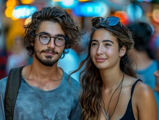 A man and woman standing together in a crowd of people. AI.