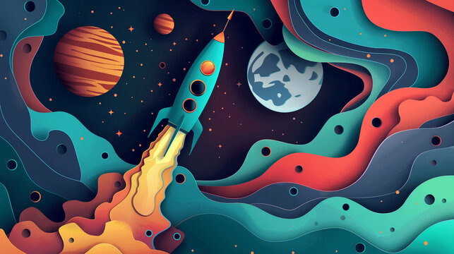 Paper Cutout Art Style Rocket Flying in Space, Start Up Concept, Design Banner Template Flat-Style Cector illustration