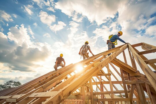 Construction workers wearing safety gear working on building a wooden roof structure under a bright sky, showcasing teamwork and progress.