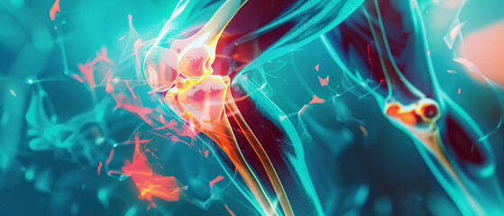 high-tech visualization of knee joint inflammation, highlighting the affected areas in red. It's ideal for articles on joint pain, arthritis, and knee health.